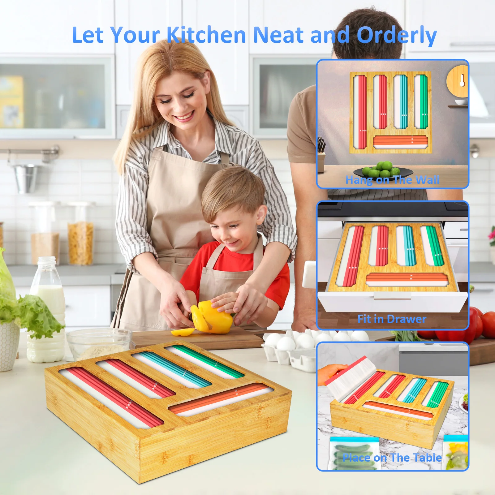Bamboo Food storage bag organizer, kitchen drawer organizer, Wall Mount bag storage ziplock Storage