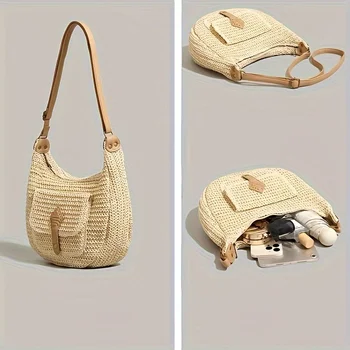 حقيبة كروس نسائية عصرية ذات سعة كبيرة من القش المنسوج، حقيبة هوبو على شكل زلابية، مثالية للتسوق في العطلات والسفر 5