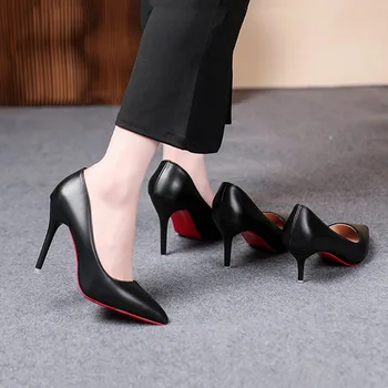 Décolleté da donna con suola rossa alla moda sexy Décolleté con tacco a spillo in pelle opaca Scarpe classiche da lavoro per carriera nere Tacchi alti da donna 1