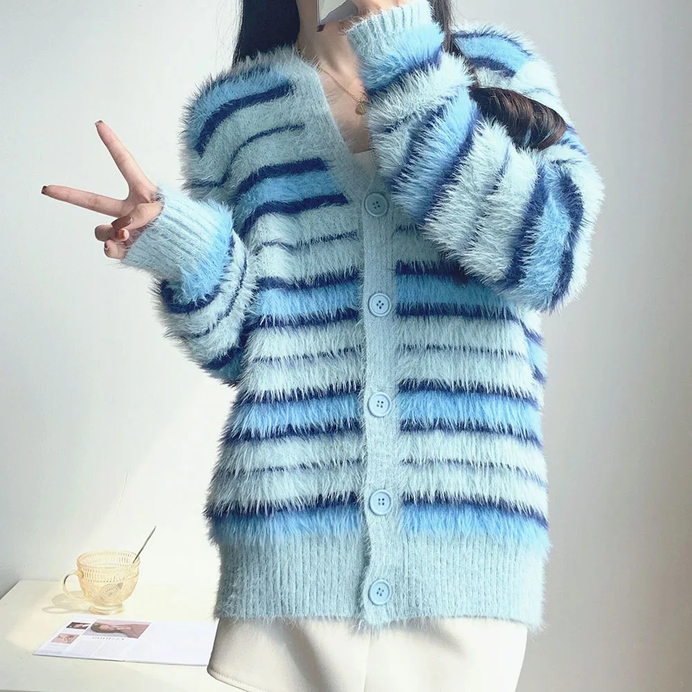 

Mohair Sweater Jacket Women's Plush Casual Knitwears Womans Autumn Winter Fashion Stripe Long Sleeve Knitted Cardigan Coat Women