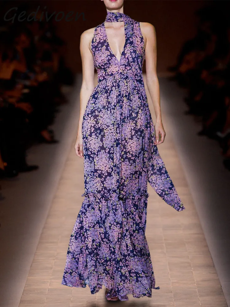 

Gedivoen Fashion Designer Summer Vintage Dress Women's Deep v-neck High Waist Frenulum Ruffles Party Purple Print Long Dress