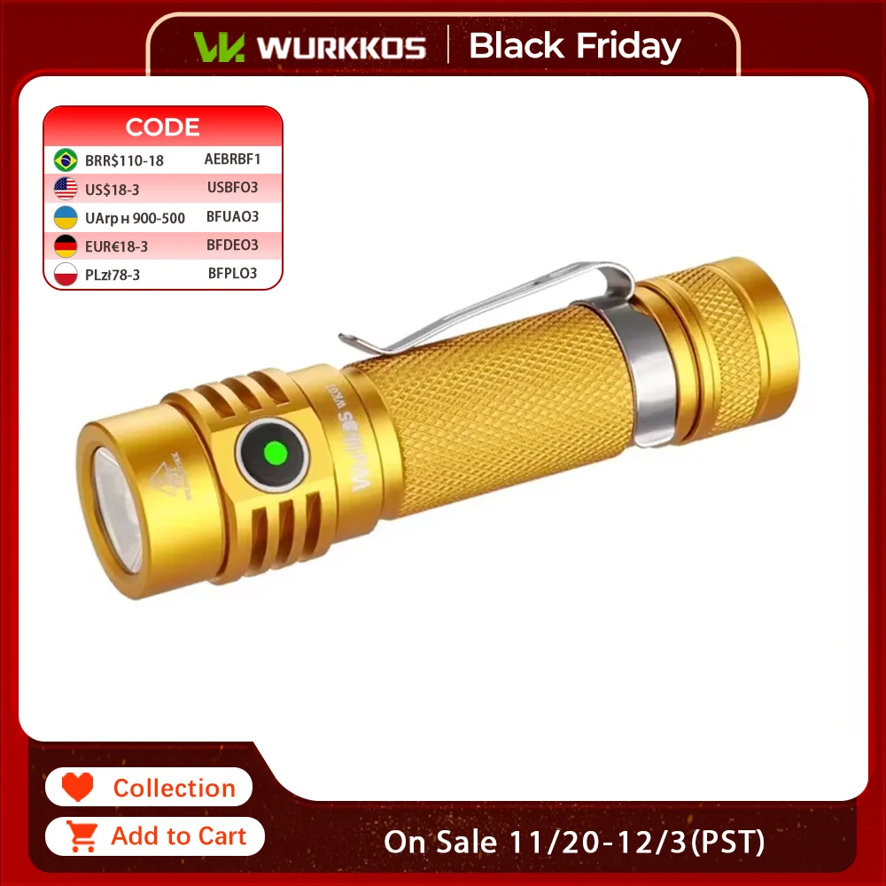 Wurkkos TLF Golden WK03 18650 Flashlight Nichia 519A 5000K 1200lm