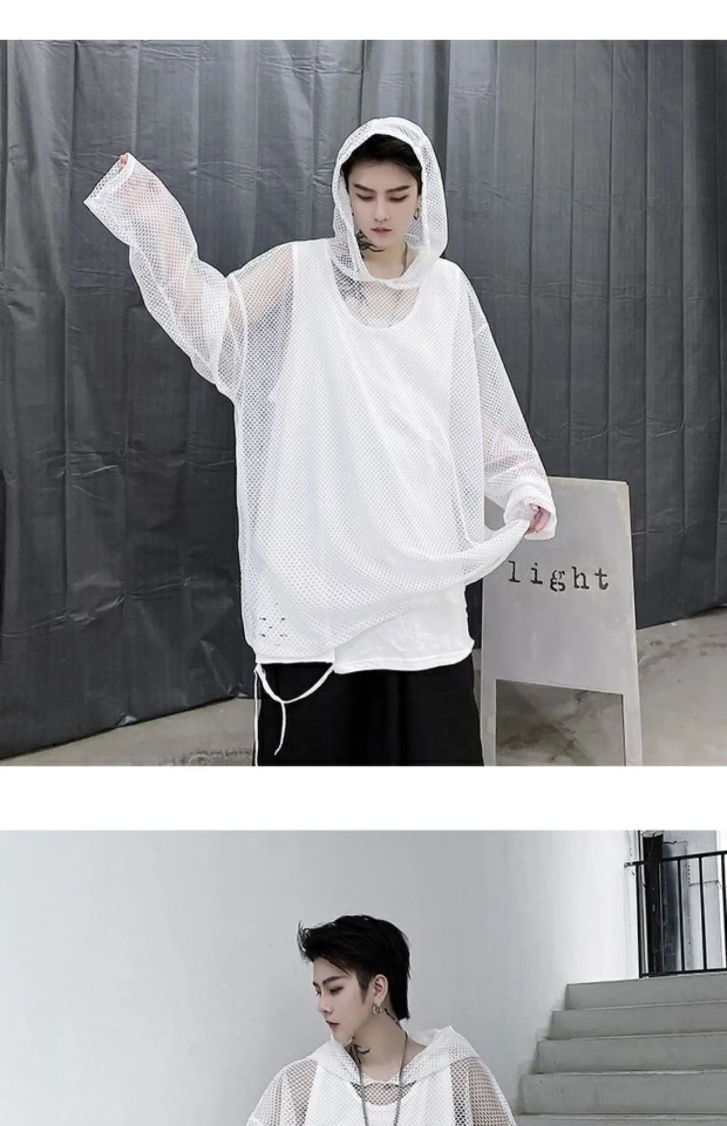 2024 Summer Dark Hollowed Out Mesh Hoodies T-shirt For Men Women Long Sleeves Loose Hooded Mesh Transparent Shirts