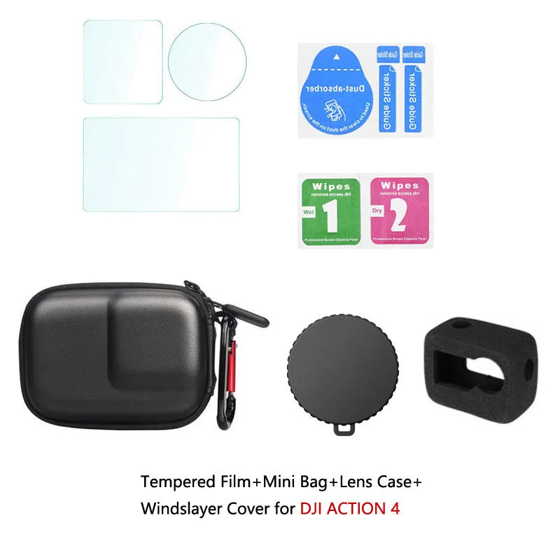 Mini Storage Carring Bag+Windslayer Cover+Lens Protective Case+9H Tempered Glass Film for DJI Osmo Action 4 Camera Accessories