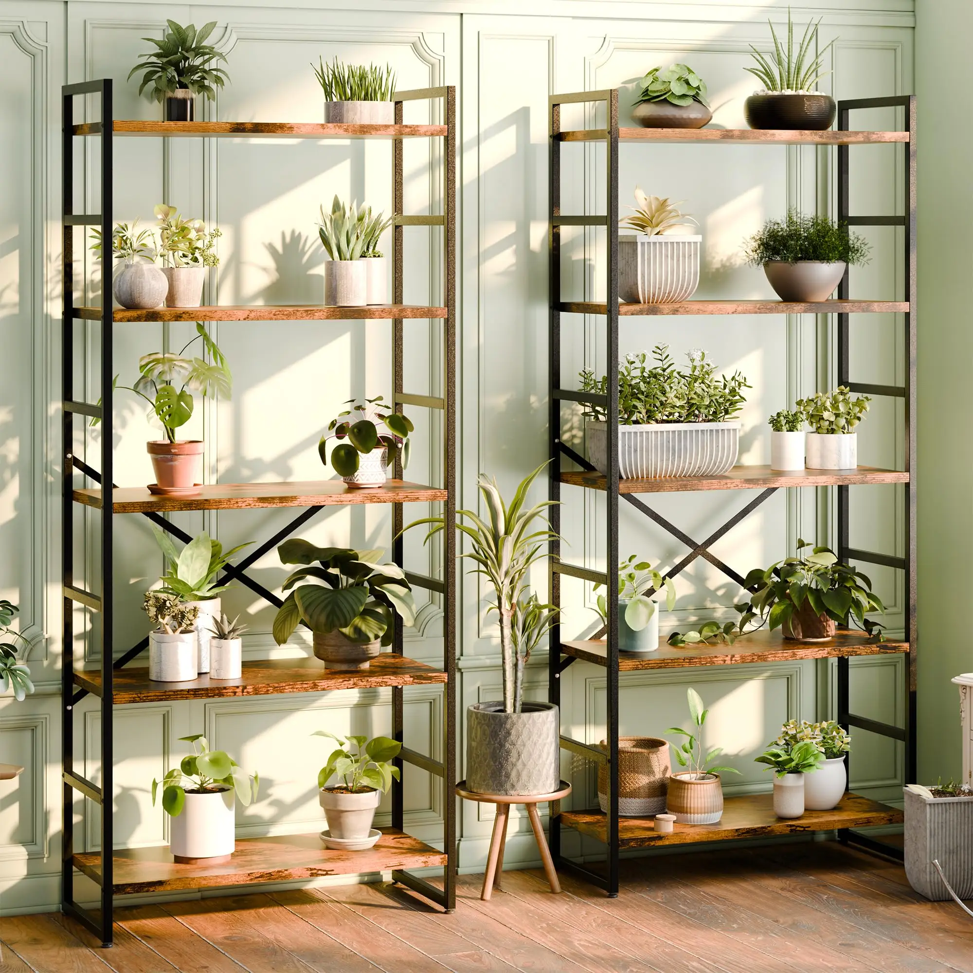 

Rustic Brown 5-Tier Industrial Bookcase Shelf