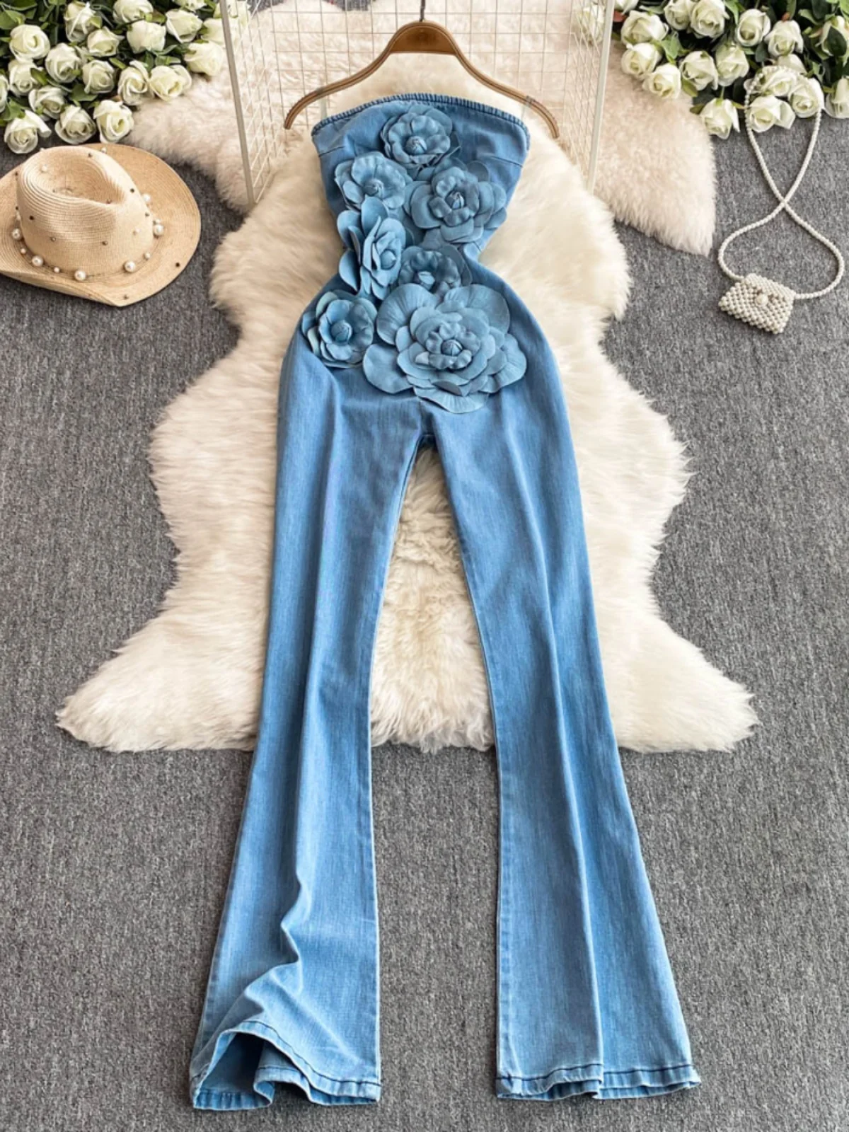 803020-f983c5.jpg Spicy Girl Street Sle Handmade Denim Tube Top Jumpsuit Flared Long Pants High Waist Commute Sle Regular Thin - Image 1