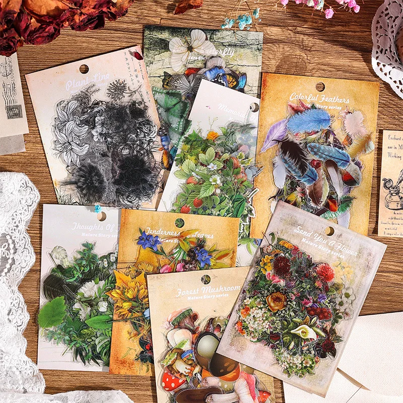 Journamm 60pcs/pack PET Nature Sticker DIY Scrapbooking Materials Decor Photo Album Collage Stationary Floral Butterfly Stickers
