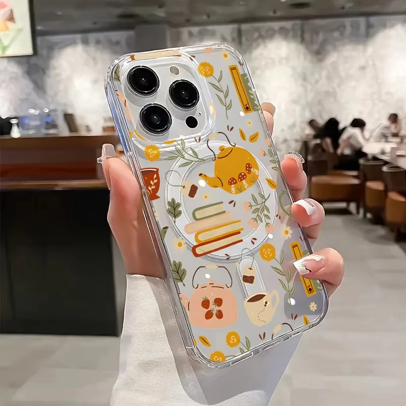 Autumn Literary Pattern Phone Case with Book and Tea Cup Design - Clear Cover