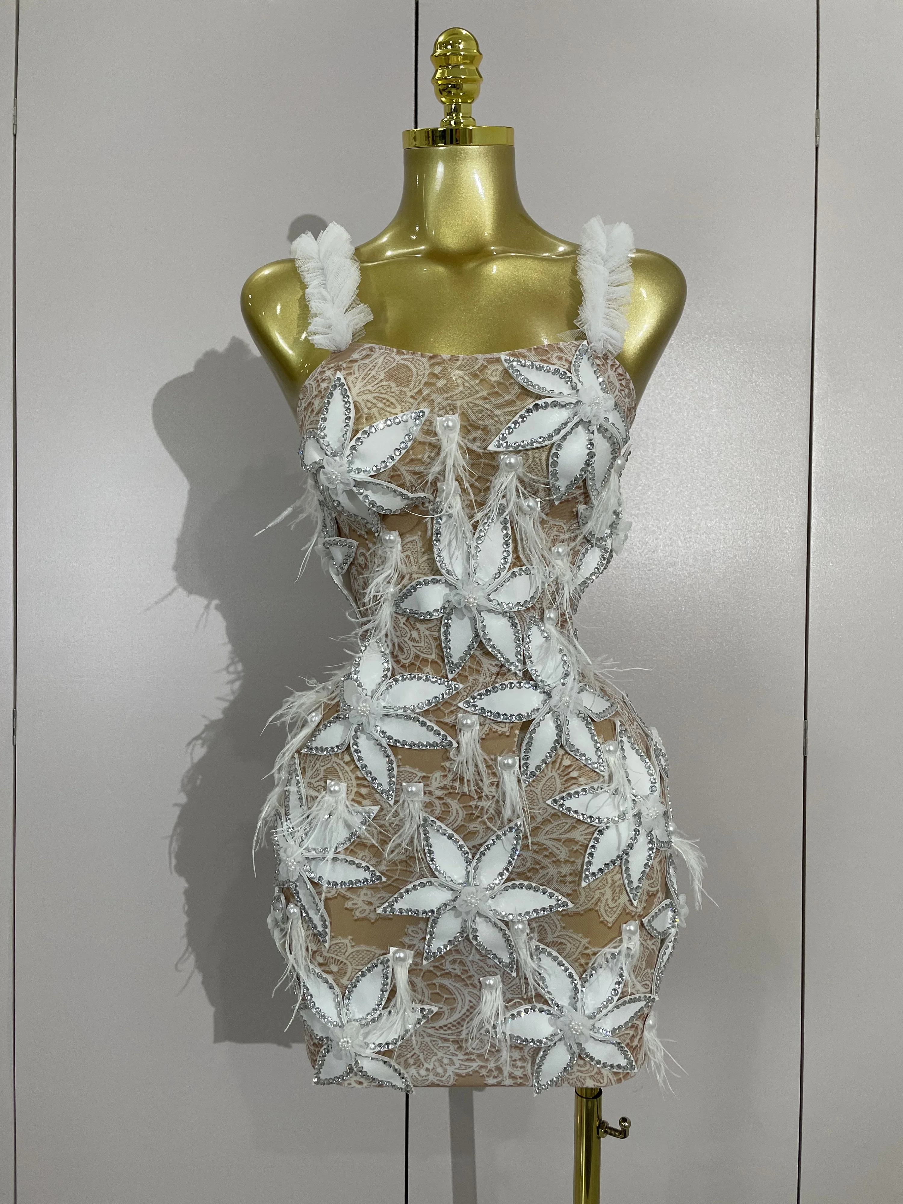 Sexy Sparkly Diamond Flowers Feathers White Transparent Slip