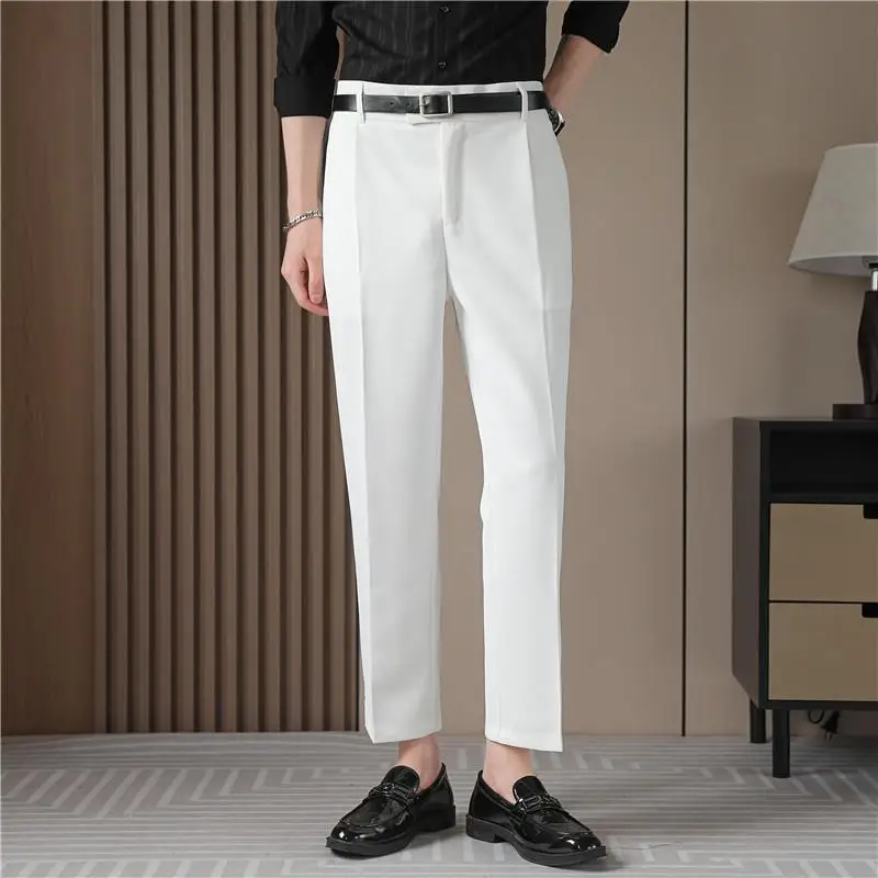 Summer Belt Decoration Casual Pants Men Ankle Length Business Suit Pant Elastic Waistline Straight Trousers Costume Homme