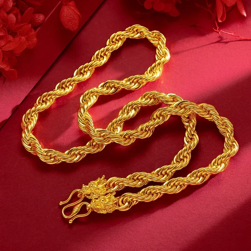 High-Quality 24K 9999 Real Gold Yellow Gold Men's Fried Dough Twists Neck Chain, packed Local Tyrant Head Necklace