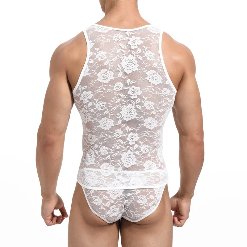 See through Sexy Mesh Men's Lingerie Costume Tank Top Gay Singlet Vest Underwear Briefs Set Transparent Lace Suits