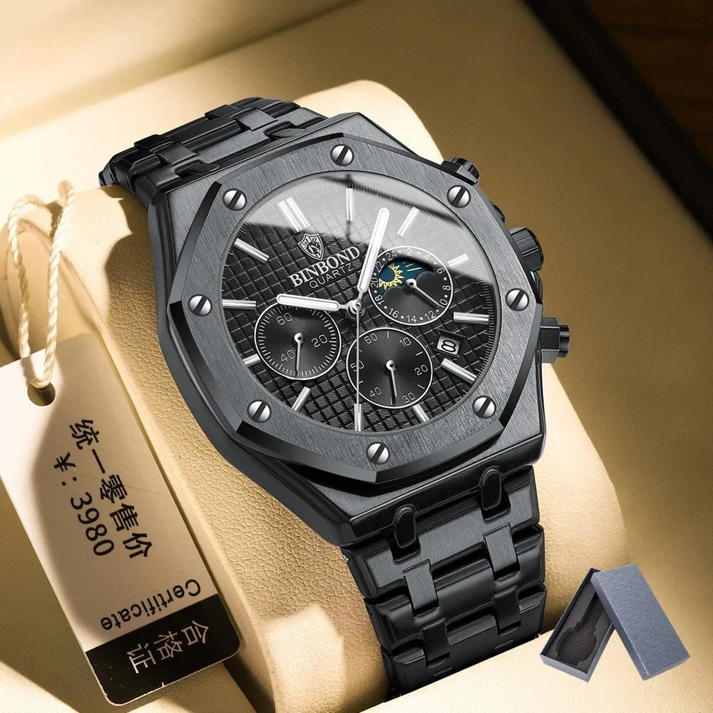 2024 BINBOND B0161 Top box Brand Man orologio al quarzo Casual orologio da polso luminoso di lusso orologio da uomo impermeabile in acciaio inossidabile