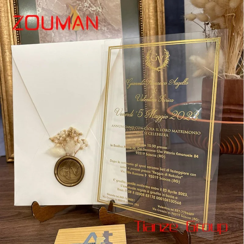 

Custom , Velvet Envelope Acrylic card Wedding Invitation With Wax Seal Sticker for Set Low Moq Wedding Invitation RSVP Cards