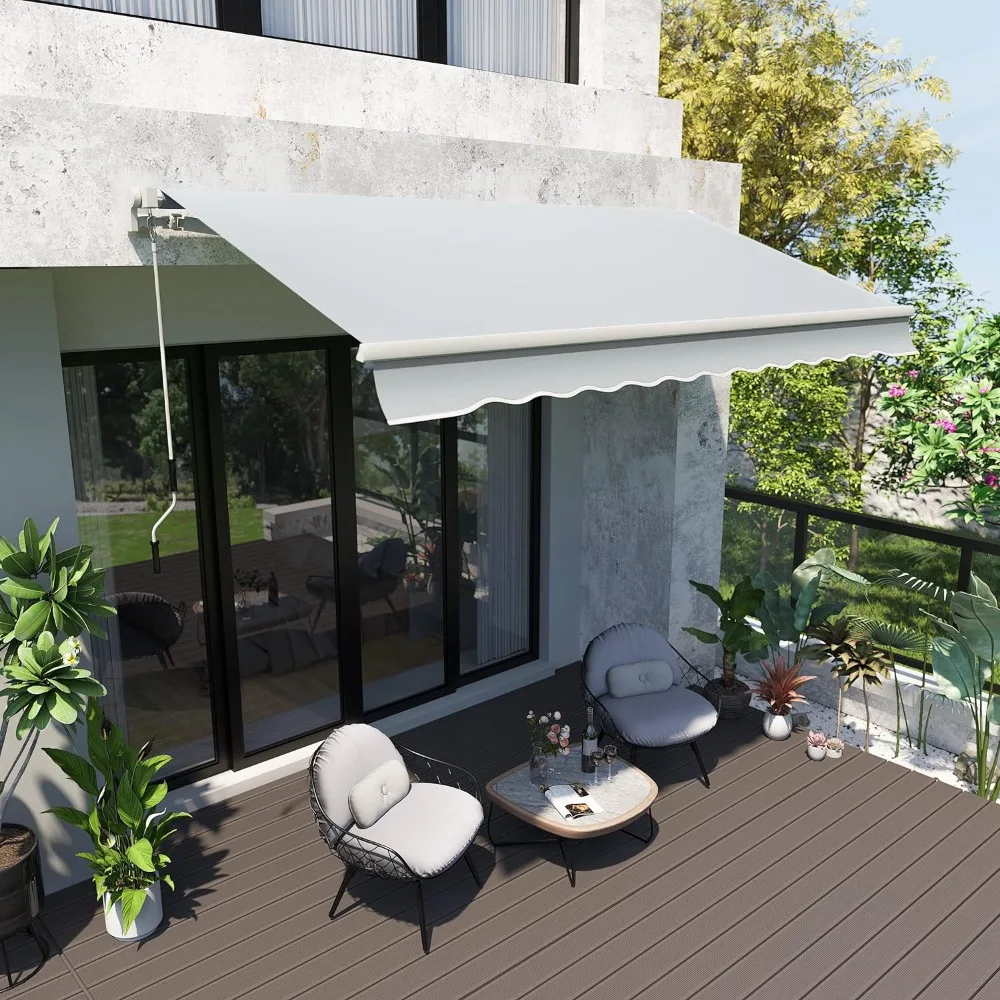 12' x 8' Retractable Awning Patio Awnings Sun Shade Shelter with Manual Crank Handle, 280g/m&sup2; UV & Water-Resistant