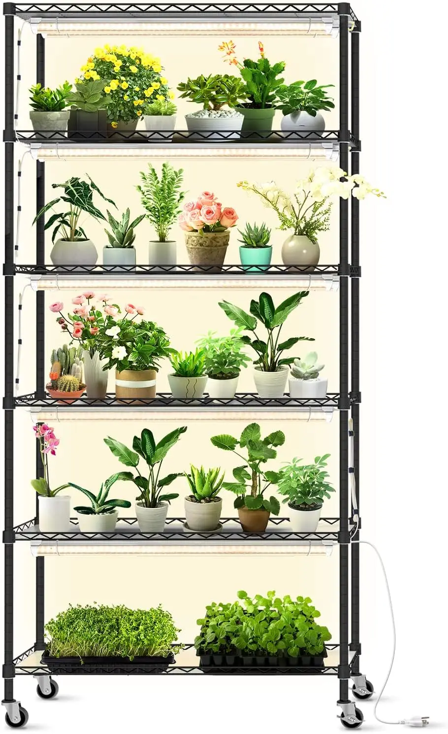 Plant Shelf with Grow Lights, Grow Light Shelf with Adjustable Rack and Wheels, Plant Stand, 8-Pack 192W T8 3000K Full