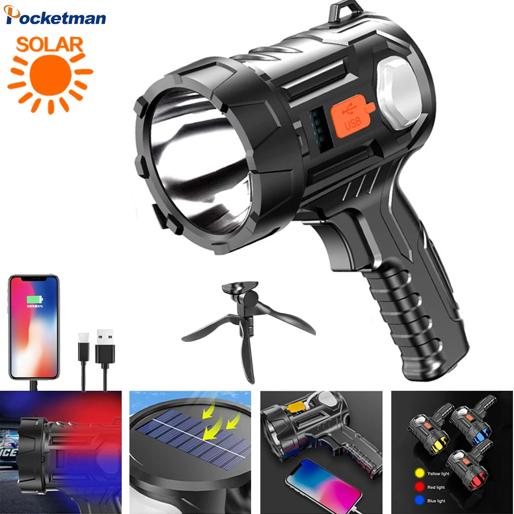 

LED Solar Flashlight USB Rechargeable Handheld Searchlight 3 Colors 6 Modes Waterproof Torch Emergency Powernank Camping Lantern