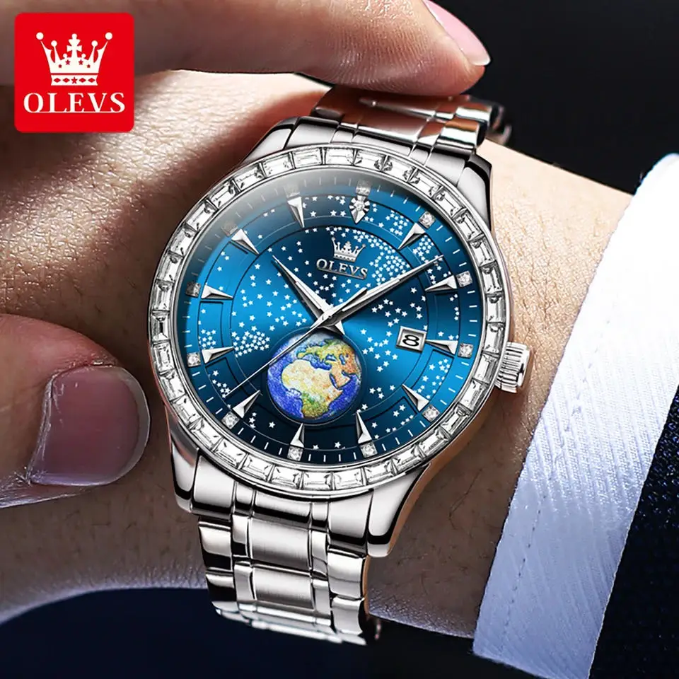 OLEVS Quartz Watch for Men Luxury Starry Sky Globe Dial Calendar Stainless Steel Waterproof HD Luminous Fashion Men's Wristwatch
