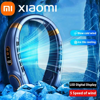 샤오미 미지아 휴대용 목 선풍기 USB 핸드헬드 음소거 LED 디지털 디스플레이, 리프리스 미니 전기 선풍기, 다채로운 분위기 조명