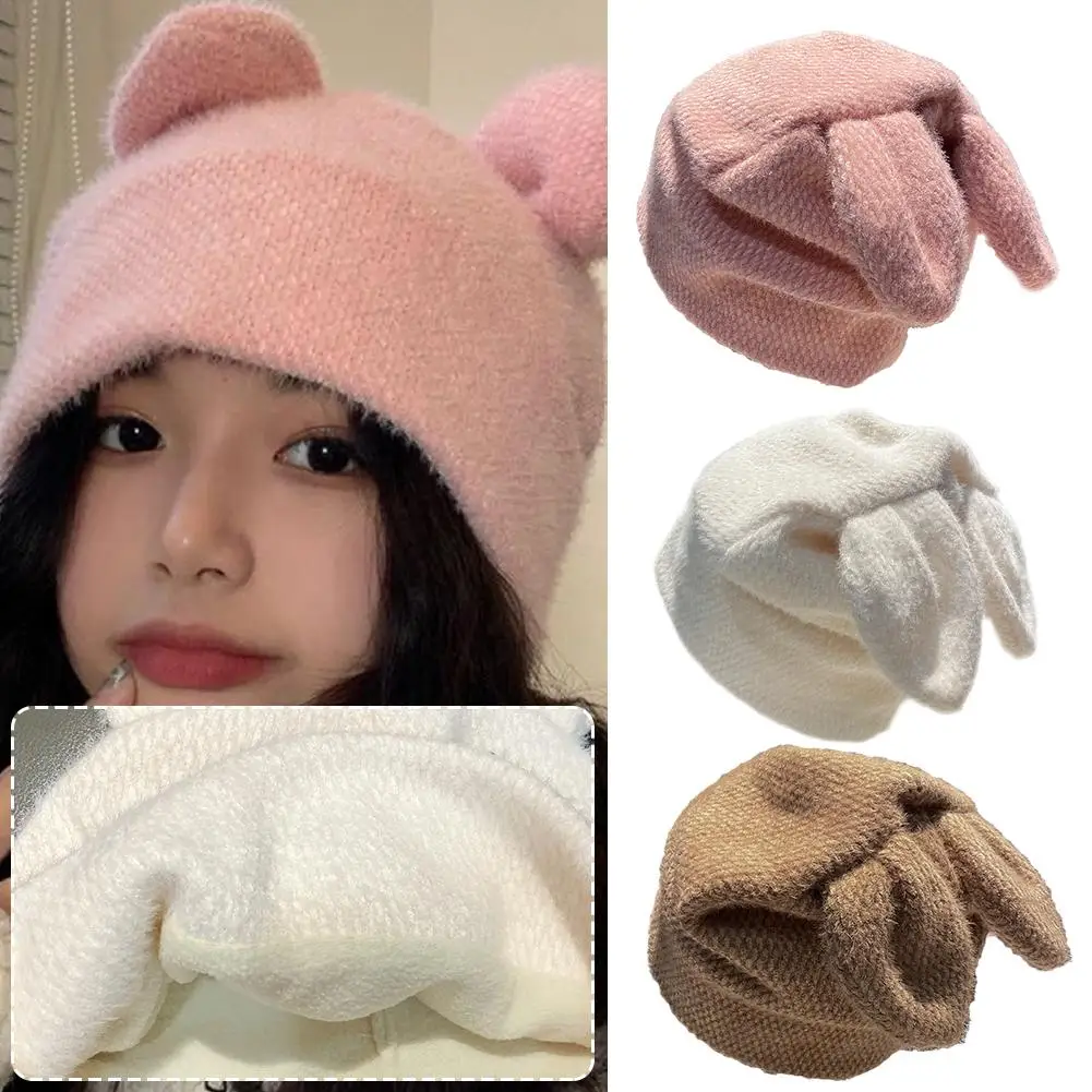 

Cute Rabbit Ears Knitted Hats For Women Autumn Winter Warm Panama Soft Rabbit Fur Beanie Cap Girls Skullies Ski Hat Gorras Q9t2
