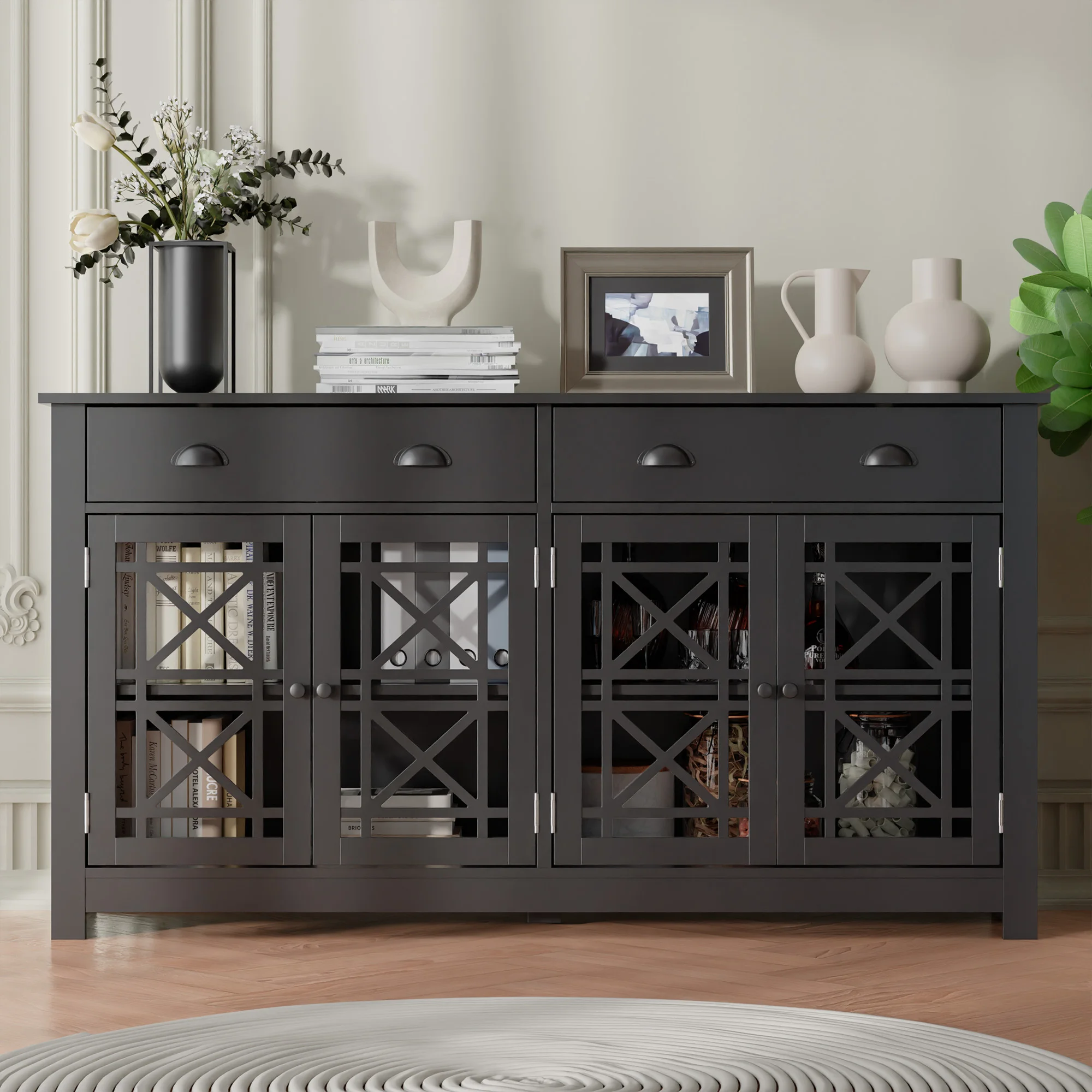 Modern Buffet Cabinet with Drawers, Wood Sideboard Buffet Cabinet with 4 Acrylic Glass Doors, Freestanding Bar