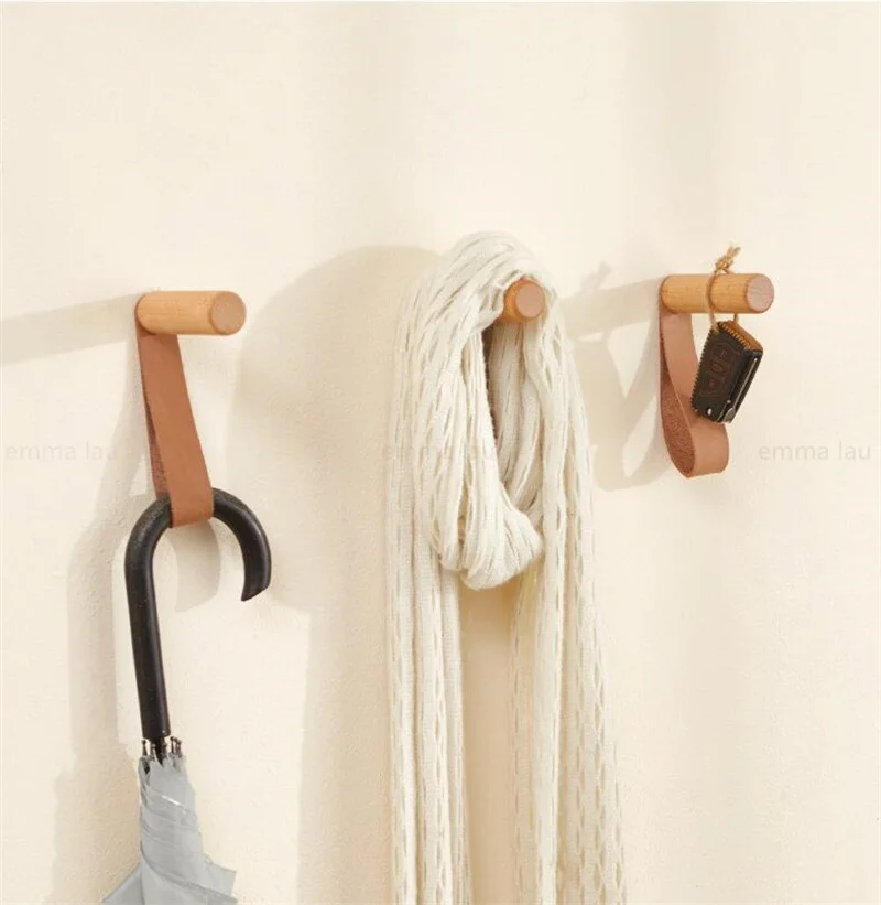 Nordic Solid Wood Leather Hook Belt Hanging Coat Hat Hooks Punch Free Wooden Wall Bedroom Living Room Hangers 4