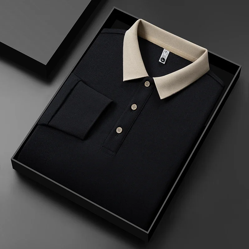 Polo da uomo in tinta unita a maniche lunghe casual da lavoro nuova Top versatile quattro stagioni caldo e confortevole alla moda - immagine 3