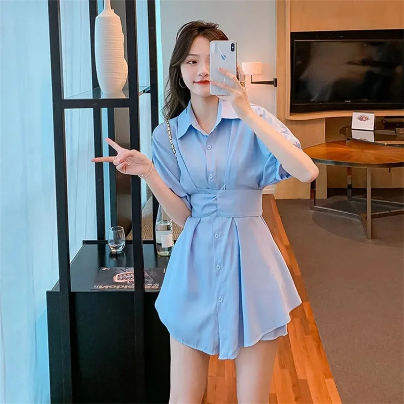 

2023 Summer Dress Two-Piece Small Fresh Waist Shirt Skirt Women Advanced Sense Of Hong Kong Retro Fashion Suit Shorts