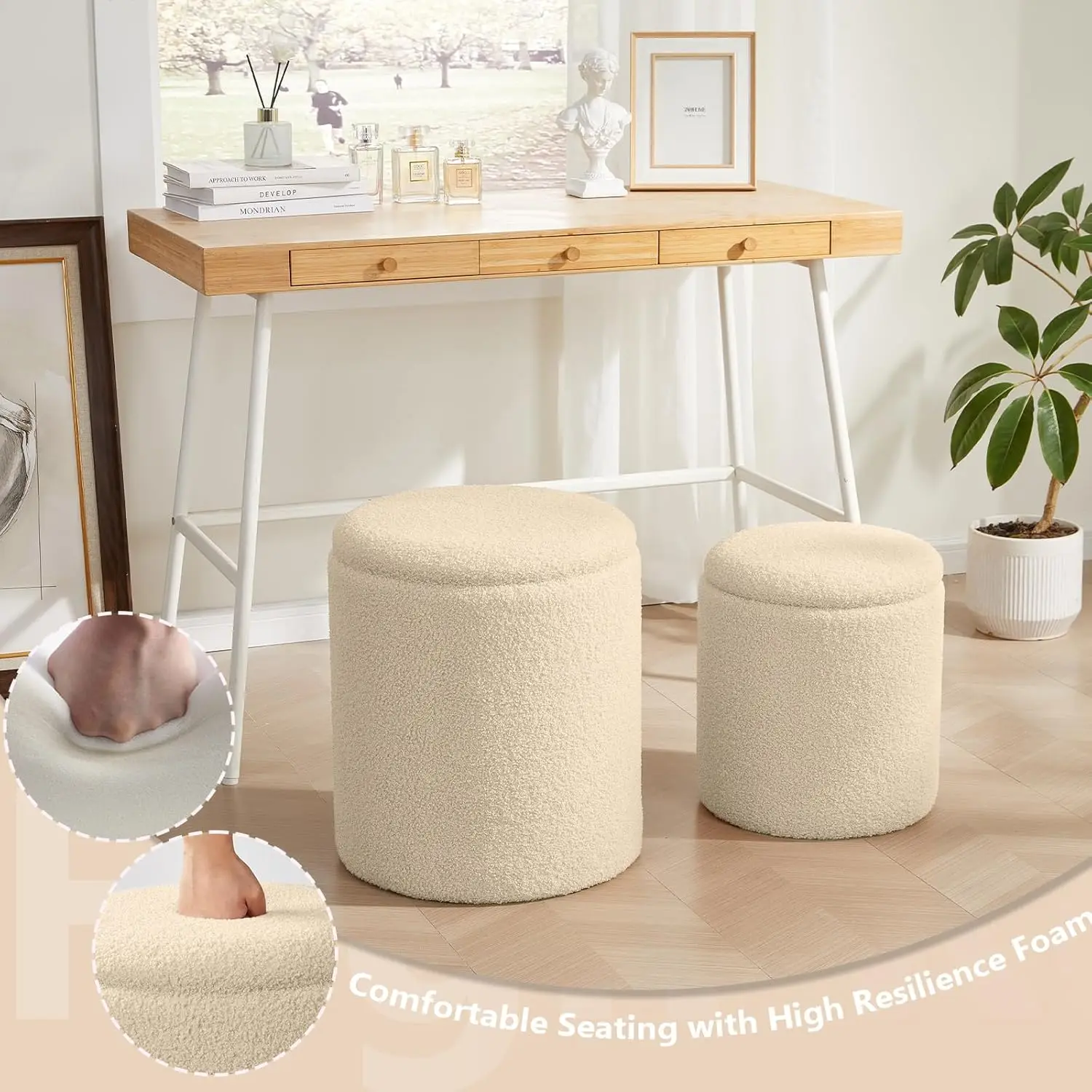 Boucle Round Ottoman with Storage Set of 2,Small Foot Stool Ottoman for Living Room, Small Coffee Table ,Vanity Stool with