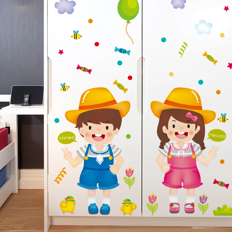 Cartoon Boy Girl Wall Stickers DIY Balloons Mural Decals for Kids Rooms ...