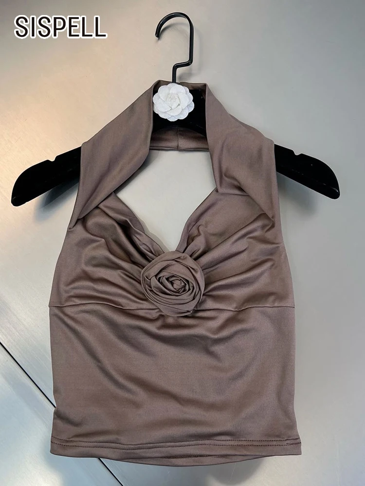 

SISPELL Solid Backless Sexy Tank Tops For Women Halter Collar Sleeveless Patchwork Appliques Slimming Folds Vests Female Summer