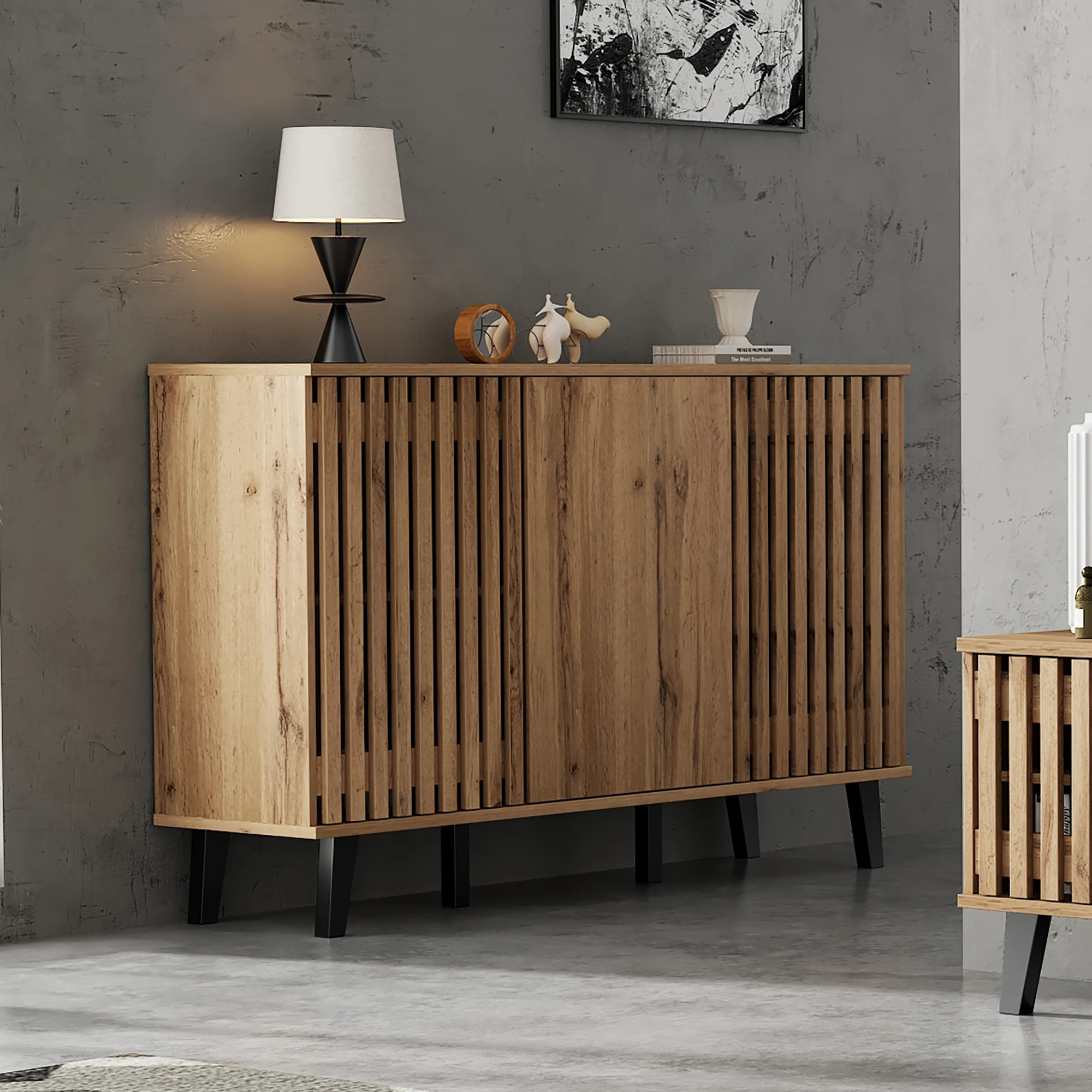 KOMHTOM 150cm Breiter 3-Türiger Seitenschrank - Wohnzimmer-Beistelltisch Sideboard mit 6 unterteilten Ablagefächern – Detail 3