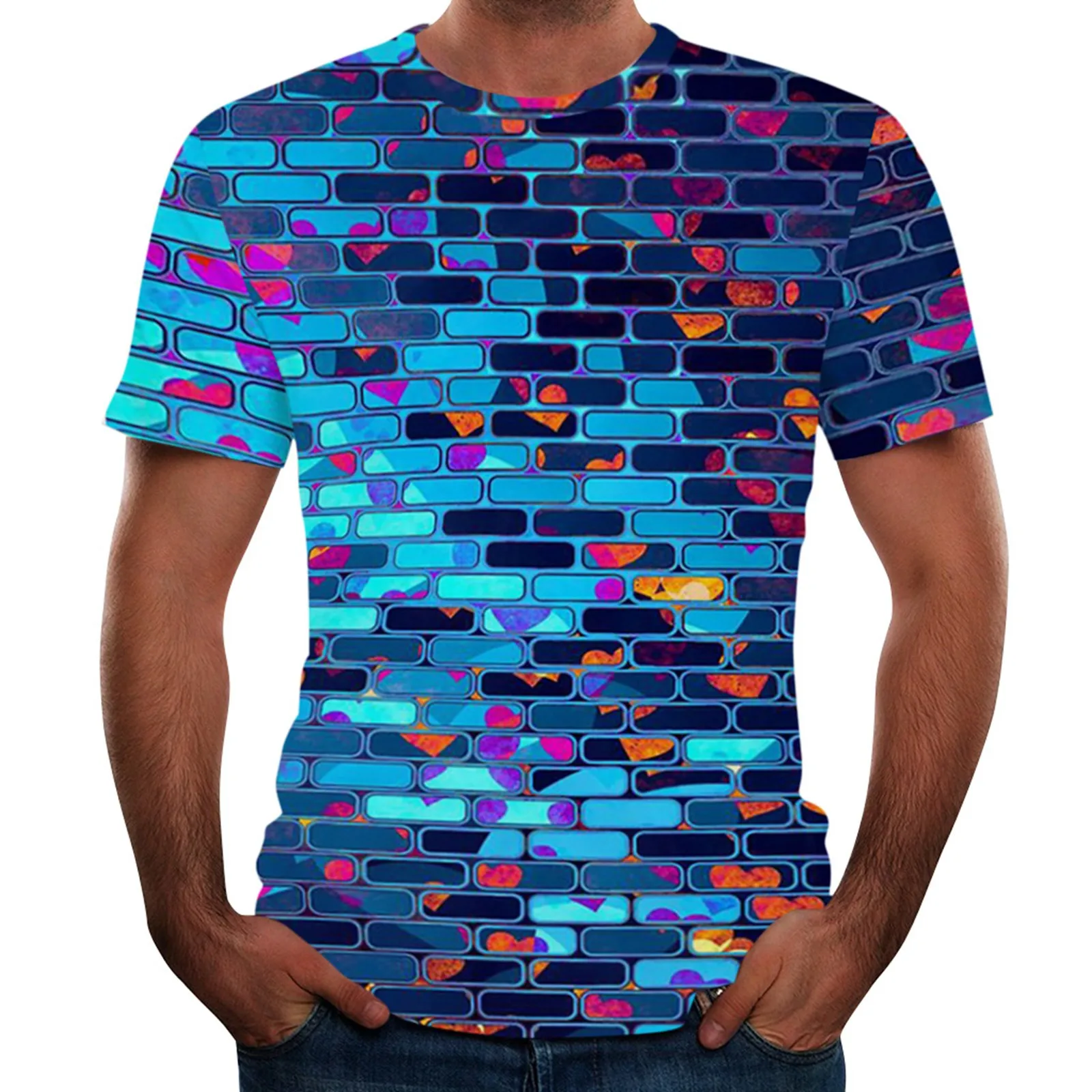 

Male Spring And Autumn All Print Short Sleeve Round Neck T Shirt Floral Fashion Trend Bottoming Shirt