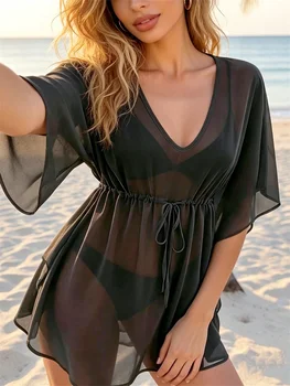 Women See Through Mesh Bikini Cover-up Loose Fit Solid Color Tie Waist Flowy Mini Dress for Beach Pool Casual Cover Ups Summer 1