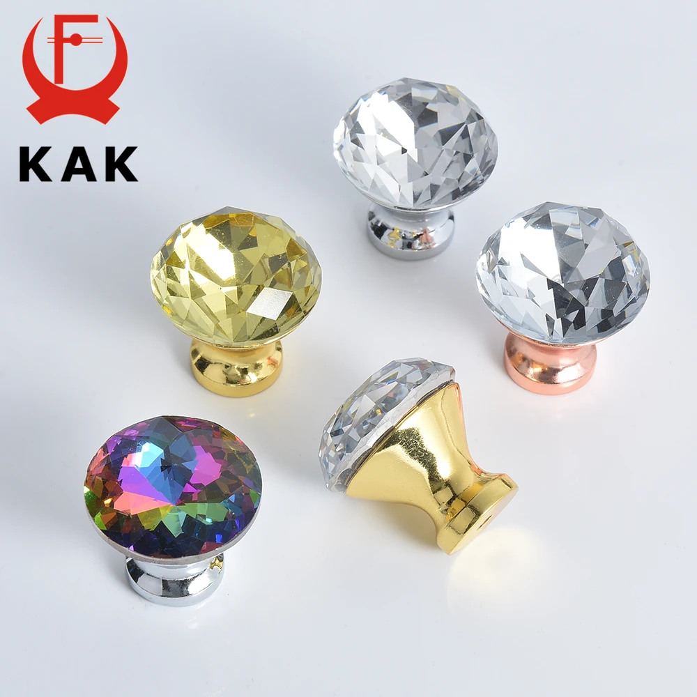 KAK Gold Diamond Crystal Glass Cabinet Knobs and Handles Cupboard Door Pulls Zinc Alloy Kitchen Handle Furniture Door Hardware