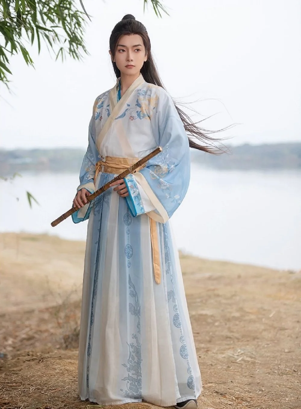 

Blue Hanfu Chinese traditional style printed Wei Jin Dynasty men's daily clothing elegant cool youth robe