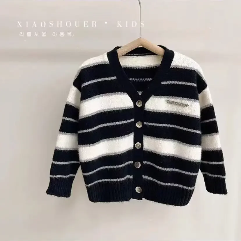 남아 여아용 트렌디 용수철 가을 어린이 스웨터, 다목적 블랙 화이트 스트라이프 가디건, 예술적인 일본 심플 스타일