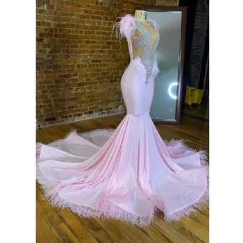 핑크 깃털 인어 무도회 피로연 가운, 반짝이는 크리스탈 구슬 장식, 이브닝 생일 가운, 예배당 기차 베스티도 드 갈라