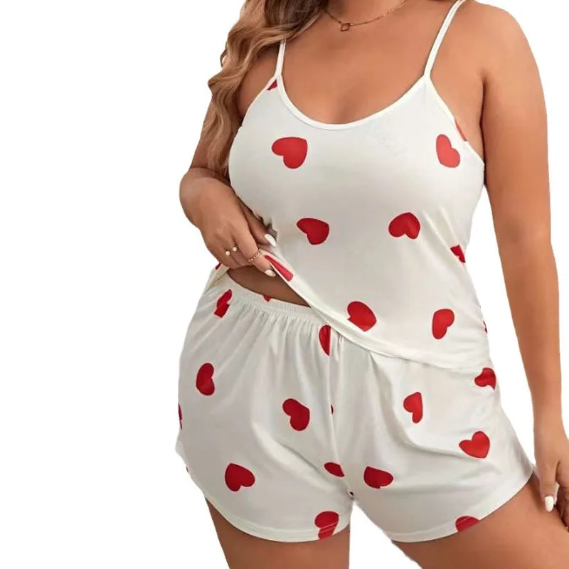 Summer New Plus-size Milk Silk Halter Shorts Pajama Set Women's Extra Loose Stretch Comfortable Print Pajama Casual Home Wear5XL