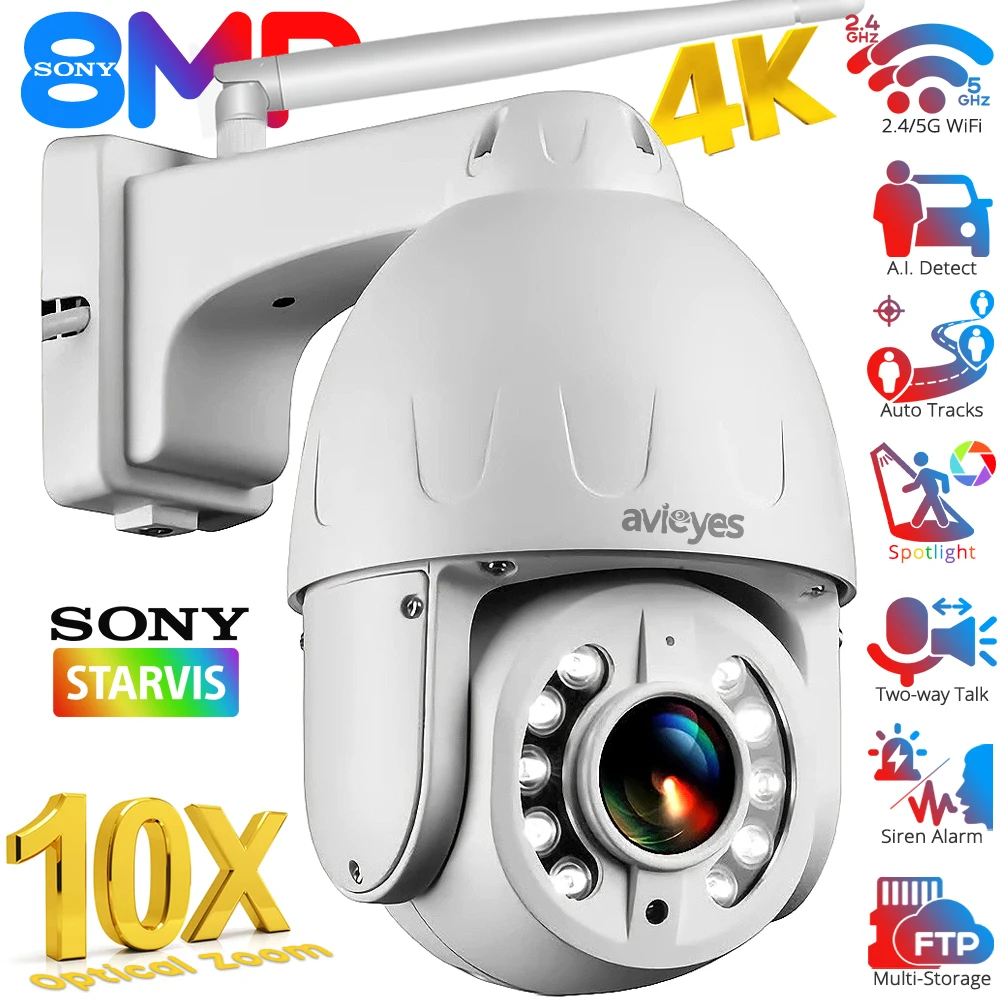 4K 10X 5X Zoom Ottico Wifi Ptz Camera Outdoor 8Mp 5Mp Auto Tracks Ai. Rileva Telecamere Ip Dome Spotlight Sirena Allarme Security Cam