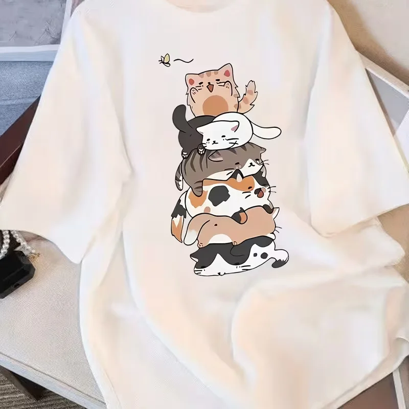 Cartoon Cat Star Print Loose Fit Womens Top Oversized Casual Shirt Daily Wear Plus Size Easy Wear Fashion Tops 2