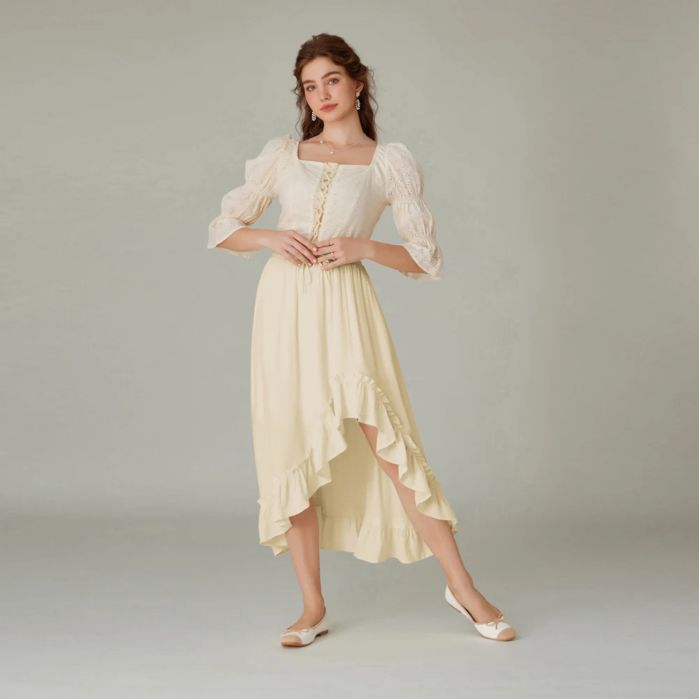 

SD Women Skirts High Waisted Retro Renaissance Overlay Decorated Skirt Drawstring Waist Swing Skirt Irregular Hem Skirt