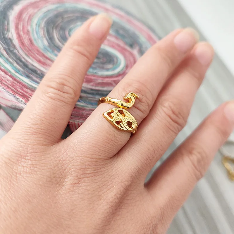 Retro Colorful Peacock Open-Screen Koi Carp Hook Thread Ring Open Needle With Thread Ethnic Style Couple Jewelry