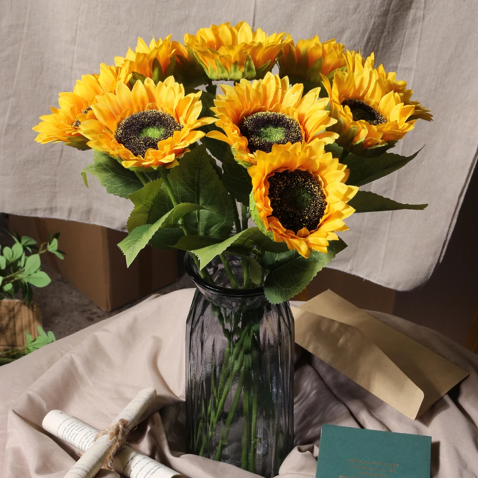 Tifuly 6 Girasoli Artificiali Retrò Con Gambo (44 Cm) - Seta Oro Per Centrotavola Matrimonio - 6