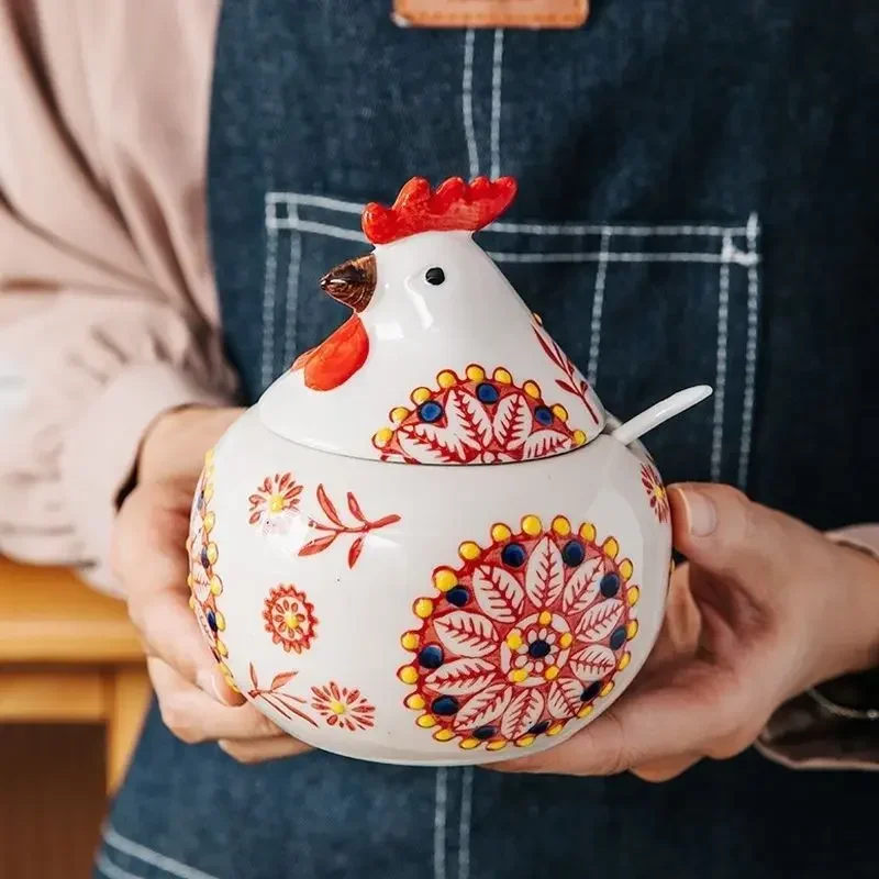 Rooster Shaped Lidded Seasoning Jar Household Large Capacity Ceramic Seasoning Box Salt Jar Spicy Moisture-proof Dust-proof
