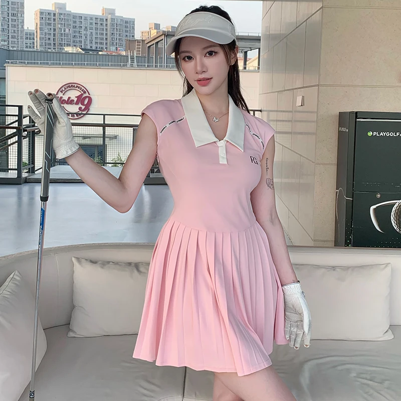 Summer Thin Breathable Sporty Polo Neck Sleeveless Women's Golf Dress Slim Pleated Skirt Tennis Golf Ladies Apparel