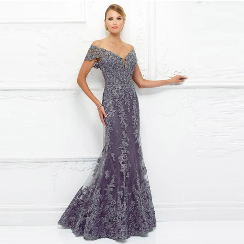 

MULONG Off the Shoulder Dress For Mother Of The Bride Floor Length Women's Long Evening Dress V Neck Appliques Lace Customized
