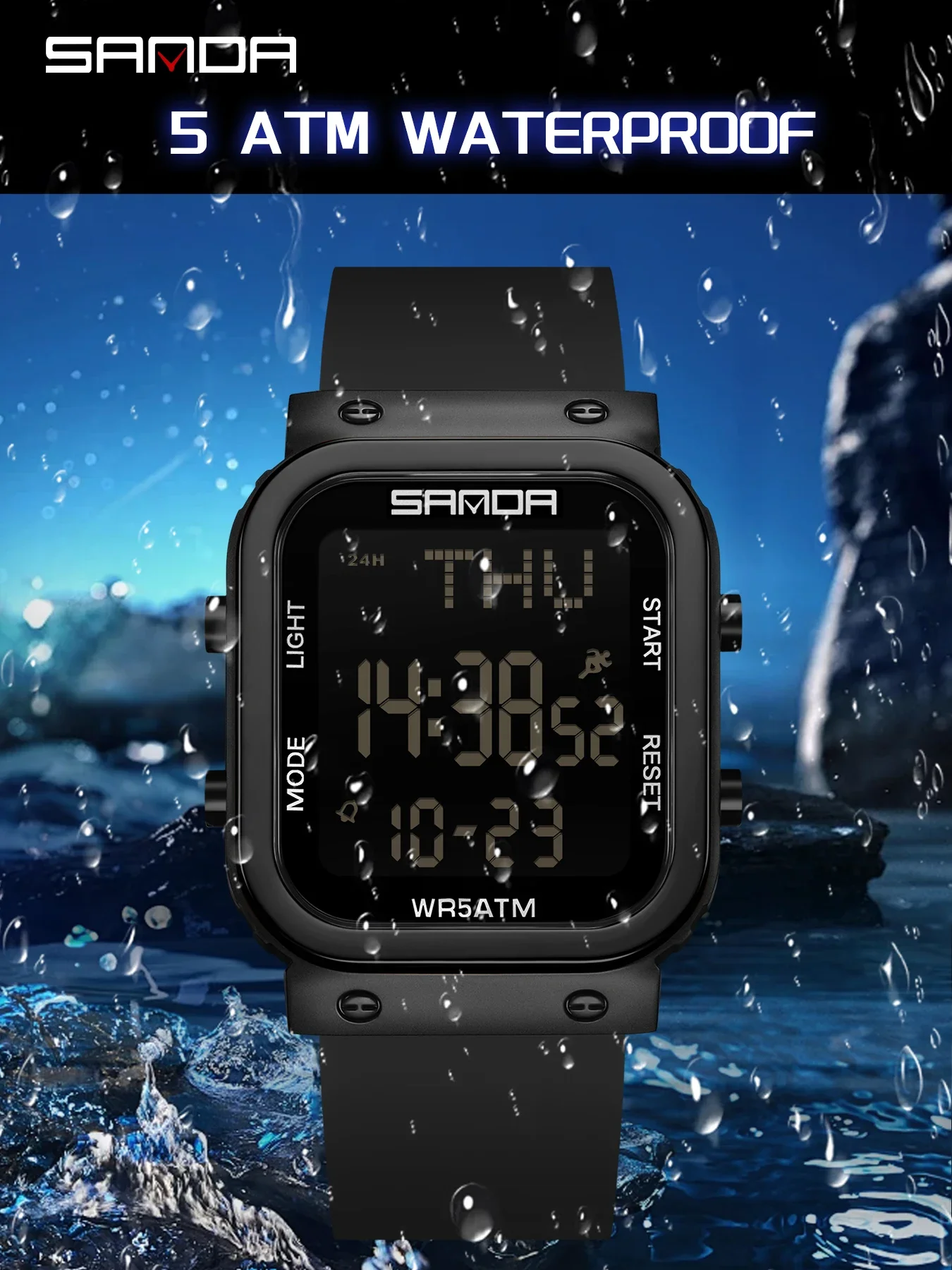 SANDA Men's Fashion Outdoor Waterproof Sports Watch with Multifunctional LED Display