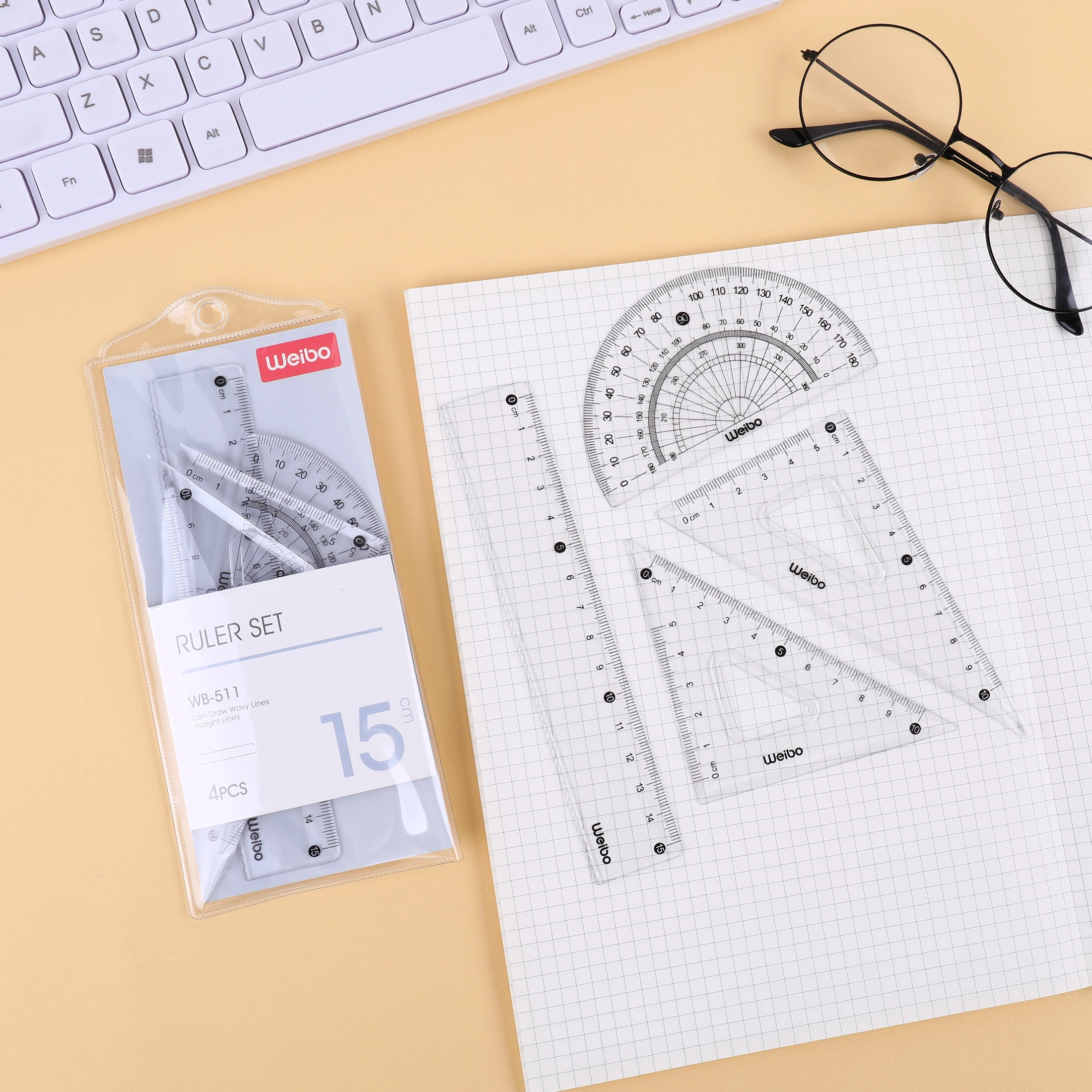 WB-511 Ruler Set 4pcs/set Drawing Measurement Geometry Triangle straightedge Protractor a variety of rulers School