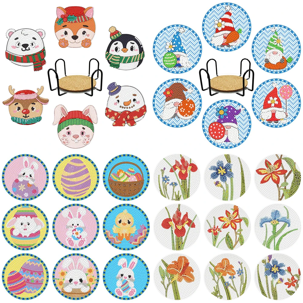 

6/9pcs Diamond Painting Coaster Cute Animal Flower Diamond Embroidery Acrylic Coaster Cross Stitch Kit Home Christmas Decoration